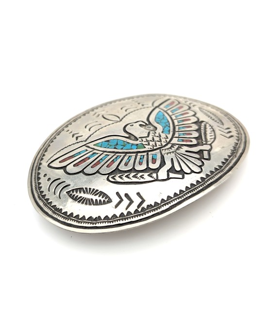 Navajo Turquoise & Coral Chip Inlay Eagle Buckle